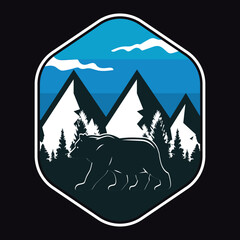 Mountain Bear Adventure Emblem Patch Logo Poster Label Vector Illustration Retro Vintage Badge Sticker And T-shirt Design