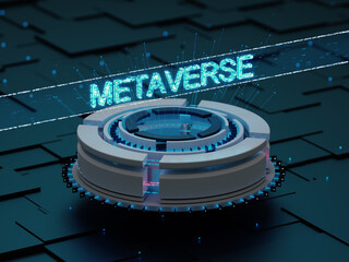 Metaverse vision, futuristic 3D circular structure with blue text hologram glowing above and small light particle around