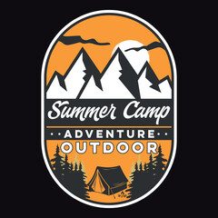 Mountain Camping Adventure Emblem Patch Logo Poster Label Vector Illustration Retro Vintage Badge Sticker And T-shirt Design