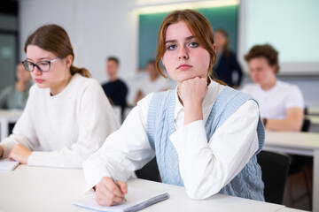 Children sitting at lesson in classroom, teacher standing