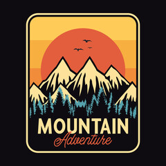 Mountain Outdoor Adventure Emblem Patch Logo Poster Label Vector Illustration Retro Vintage Badge Sticker And T-shirt Design