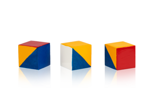 multicolored wooden cubes decorated with a geometric pattern, isolated on a transparent background
