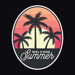 Obraz premium Summer Surfing Sunset Beach Emblem Patch Logo Poster Label Vector Illustration Retro Vintage Badge Sticker And T-shirt Design