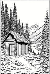 house in the mountains colouring Pages, colouring book page, outdoor colouring book page, house colouring book page 