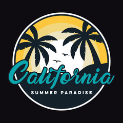 Fototapeta na wymiar Summer California Sunset Beach Emblem Patch Logo Poster Label Vector Illustration Retro Vintage Badge Sticker And T-shirt Design