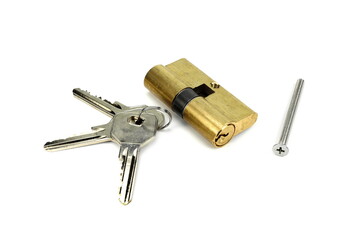 Pin tumbler of cylinder lock internal mechanism with keys on white background. New door lock with a bunch of keys on a white background.