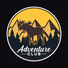 Mountain Hunting Moose Adventure Emblem Patch Logo Poster Label Vector Illustration Retro Vintage Badge Sticker And T-shirt Design