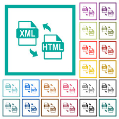 Fototapeta premium XML HTML file conversion flat color icons with quadrant frames
