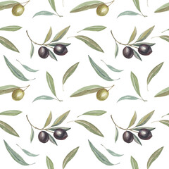 Watercolor seamless botanical pattern with olive branches. Mediterranean vegetarian product with green leaves on white background for kitchen decor and textile.