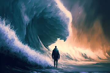 A man standing in the midst of a huge wave that is rushing towards him, digital art style, generative ai