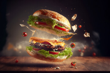 Tasty hamburger with flying ingredients on dark background. Generative AI