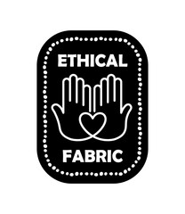 Obraz premium Ethical fabric label. Poster or banner for website. Minimalistic silhouettes of hands with heart. Caring for nature and reducing emissions of harmful substances. Cartoon flat vector illustration