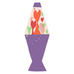 A lava lamp with heart-shaped liquid lava pieces. Funny love symbol. Retro-style Valentine's Day vector illustration. 