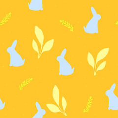 Seamless pattern with hand drawn rabbit silhouette and and abstract plant,child illustration with bunny,print for wrapping paper,tender spring clipart for nursery design,textile,apparel,fashion.