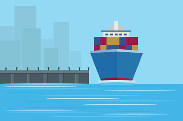 a cargo ship at the pier in the city docks with port containers