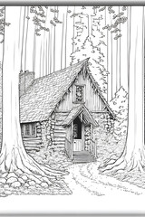 Small house in forest illustration, colouring book page , adult coloring Pages, kid colouring Pages 