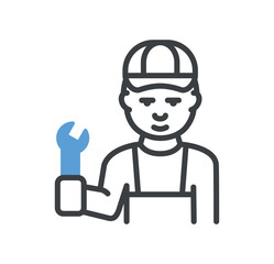 Car service doodle icon. Man in protective helmet with wrench. Repairman and vehicle repair specialist. Stylish logotype for company or organization, branding. Cartoon flat vector illustration