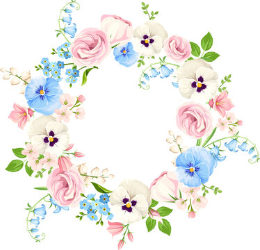 Floral wreath with pink, white, and blue lisianthus flowers, pansy flowers, bluebells, and forget-me-not flowers. Floral circle frame. Vector illustration