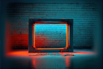 Neon Futuristic Sci Fi Big Rectangle Frame Stage Light Blue Orange Gradient With Stands And Cables Concrete Floor Brick Old Rough Wall 3D Rendering. AI generated art illustration.	

