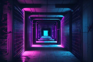 Neon Glowing Blue Purple Cyber Retro Sci Fi Futuristic Concrete Glossy Grunge Tunnel Underground Corridor Hallway Basement Hangar Showcase Showroom 3D Rendering. AI generated art illustration.	