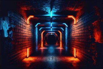 Neon Laser Cyber Orange Blue Lights On Medieval Brick Wood Grunge Tunnel Corridor Concrete Glossy Cement Floor Showroom Club Dark Stage 3D Rendering. AI generated art illustration.	
