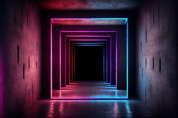 Obraz premium Neon Laser Cyber Purple Red Blue Square Frame Lights On Medieval Wood Grunge Tunnel Corridor Concrete Glossy Cement Floor Showroom Club Dark Stage 3D Rendering. AI generated art illustration. 