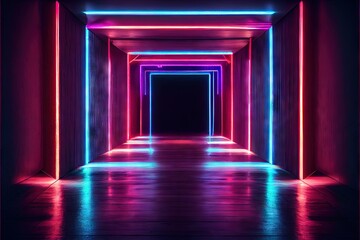 Neon Laser Cyber Purple Red Blue Square Frame Lights On Medieval Wood Grunge Tunnel Corridor Concrete Glossy Cement Floor Showroom Club Dark Stage 3D Rendering. AI generated art illustration.	
