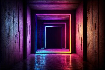 Neon Laser Cyber Purple Red Blue Square Frame Lights On Medieval Wood Grunge Tunnel Corridor Concrete Glossy Cement Floor Showroom Club Dark Stage 3D Rendering. AI generated art illustration.	
