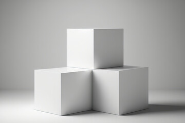 Cube podium in three steps. A blank white platform or backdrop with room for displays Template For Web Pages For Visualizing Products. Generative AI