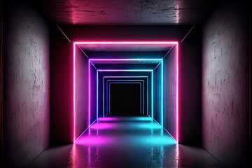 Neon Laser Cyber Purple Red Blue Square Frame Lights On Medieval Wood Grunge Tunnel Corridor Concrete Glossy Cement Floor Showroom Club Dark Stage 3D Rendering. AI generated art illustration.	
