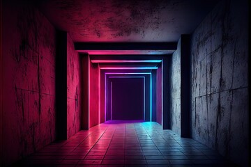 Obraz premium Neon Laser Cyber Purple Red Blue Square Frame Lights On Medieval Wood Grunge Tunnel Corridor Concrete Glossy Cement Floor Showroom Club Dark Stage 3D Rendering. AI generated art illustration. 