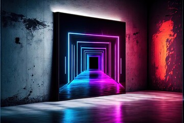 Neon Laser Cyber Purple Red Blue Square Frame Lights On Medieval Wood Grunge Tunnel Corridor Concrete Glossy Cement Floor Showroom Club Dark Stage 3D Rendering. AI generated art illustration.	
