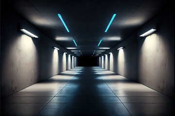 Neon Laser White Lights Hangar Garage Studio Rough Concrete Cement Asphalt Realistic Tunnel Corridor Hallway Showroom Warehouse Basement Spotlight Studio Underground. AI generated art illustration.	