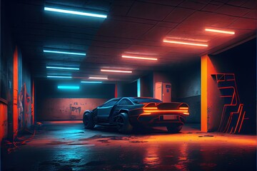 Neon Lights Grunge Sci Fi Underground Garage Car Room Cement Asphalt Concrete Brick Wall Realistic Blue Orange Colors Cyber Background 3D Rendering. AI generated art illustration.