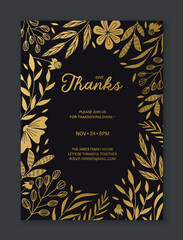 Golden flowers card. Luxurious design for greeting or invitation postcard. Wedding anniversary, holiday. Plants and flowers, floristry. Template, layout and mock up. Cartoon flat vector illustration