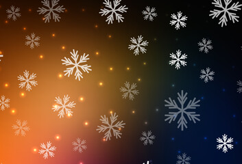Dark Orange vector template with ice snowflakes, stars.