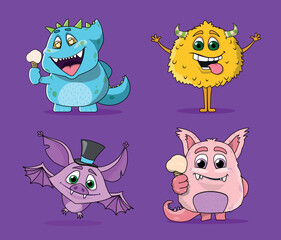 Colorful monsters set. Collection of stickers for social networks. Fictional characters, imagination and fantasy, toys or mascots. Cartoon flat vector illustrations isolated on violet background