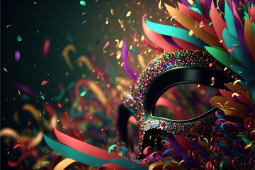 carnival mask on a black background. mardi gras colorful mask, lights costume party confetti. Generative AI