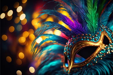 Keuken spatwand met foto carnival mask on a black background. brazilian party, colorful mask, lights, pokeh blur. Generative AI © LEMUEL