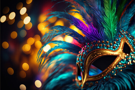 carnival mask on a black background. brazilian party, colorful mask, lights, pokeh blur. Generative AI