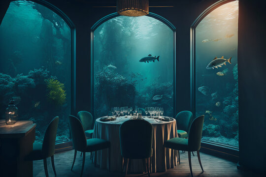 interior of an underwater restaurant - generative AI