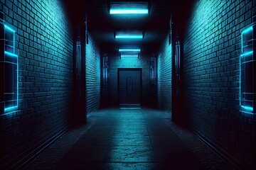Fototapeta premium Sci Fi Alien Cyber Dark Hallway Room Corridor Neon Blue Lights On Stands Glossy Concrete Floor Brick Wall Rough Grunge 3D Rendering. AI generated art illustration. 