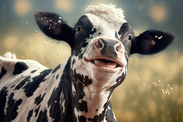 AI generative illustration of happy smiling cow on blurred background.