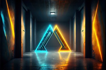 Sci Fi Futuristic Cyber Neon Triangles Glowing Blue Yellow Laser Lights Behind Frosted Glass Panels In Dark Grunge Cement Concrete Underground Tunnel Corridor Studio. AI generated art illustration.	