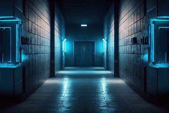 Sci Fi Alien Cyber Dark Hallway Room Corridor Neon Blue Lights On Stands Glossy Concrete Floor Brick Wall Rough Grunge 3D Rendering. AI Generated Art Illustration.	
