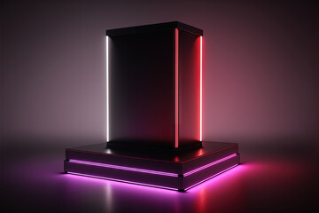Red and purple LED lights illuminate a black podium in a dark studio, creating a futuristic notion for a product demonstration. Generative AI