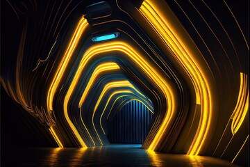 Sci Fi Neon Glowing Curved Lines Strips Yellow Blue Lines Futuristic Metal Warehouse Alien Spaceship Room Clean Dark Hangar Podium Hallway 3D. AI generated art illustration.