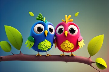 Cute Cartoon Lovebirds on a Branch (Generative AI)