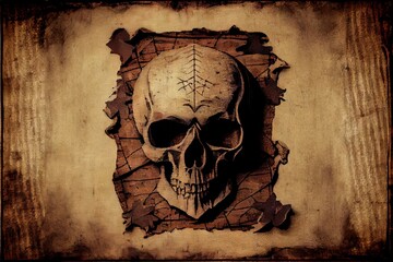 Skull and crossbones. Pirate old fabric with one patche texture. AI generated art illustration.