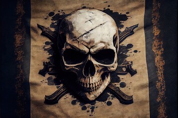 Skull and crossbones. Pirate old fabric with one patche texture. AI generated art illustration.